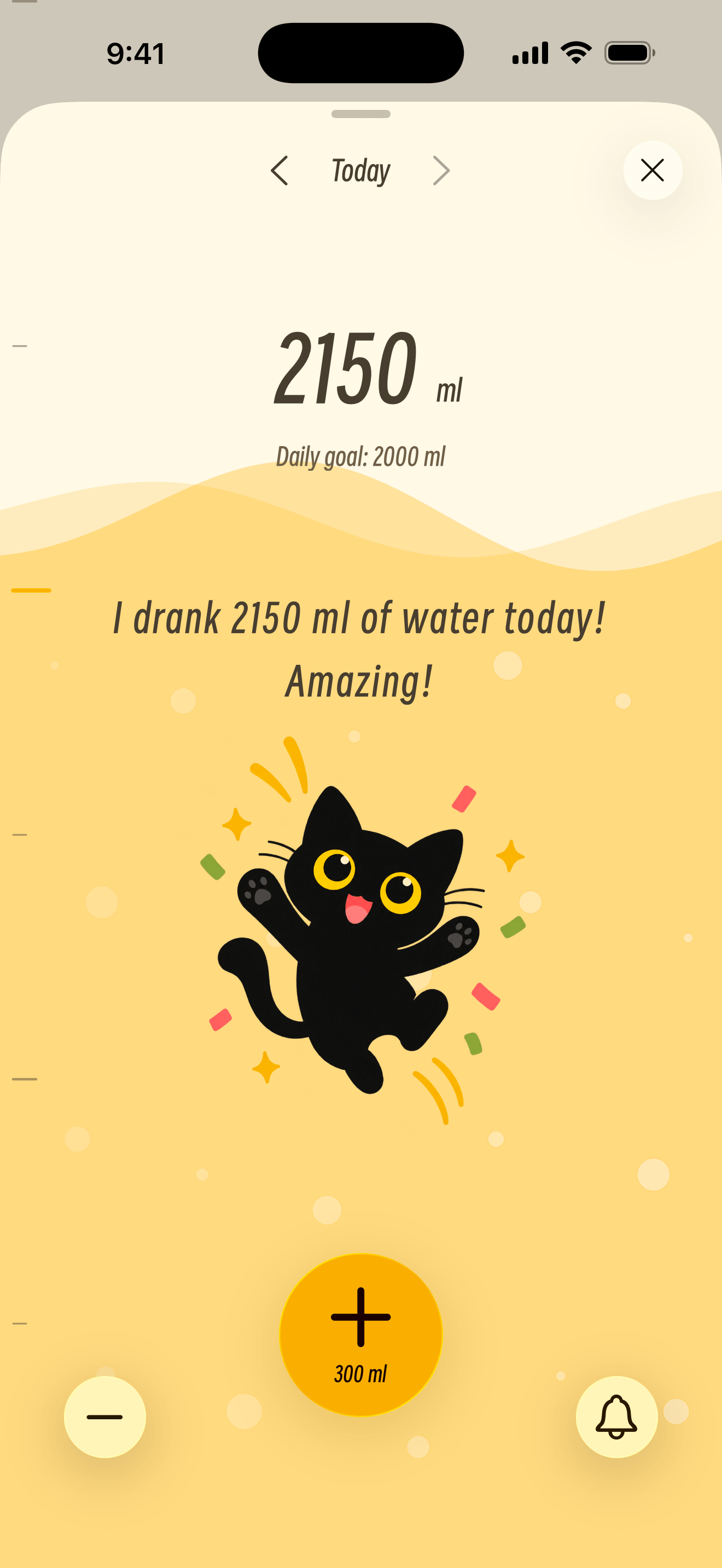 Registro de agua y un gatito celebrando en Ayuno (interfaz en inglés)